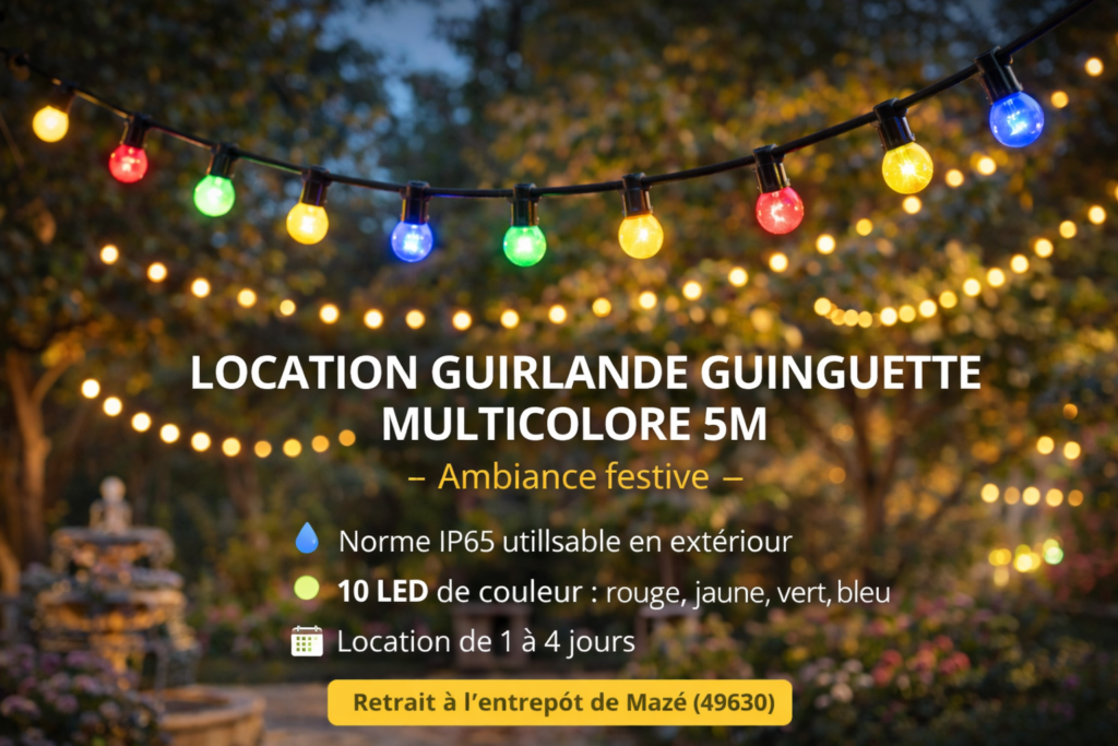 location guirlande guinguette multicolore 5m LED extérieur